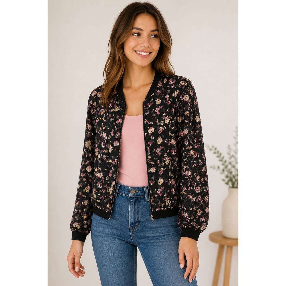 Maurices Women's Plus Size 1 Black Floral Bomber Jacket Zip Front Long Sleeve